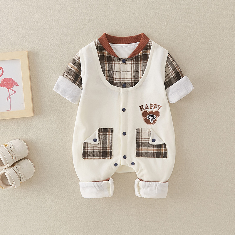 Baby Boy Gentle Ginghem Mock Two-pieces Long Sleeve Romper-kissminis