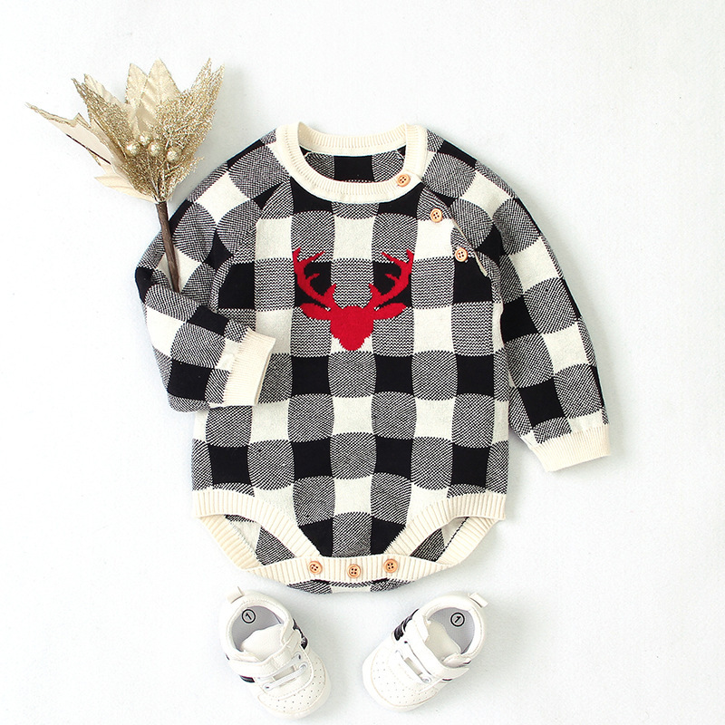 Baby Boy/Girl Christmas Style Elk Pattern Knitted Plaid Long Sleeve Bodysuit-kissminis