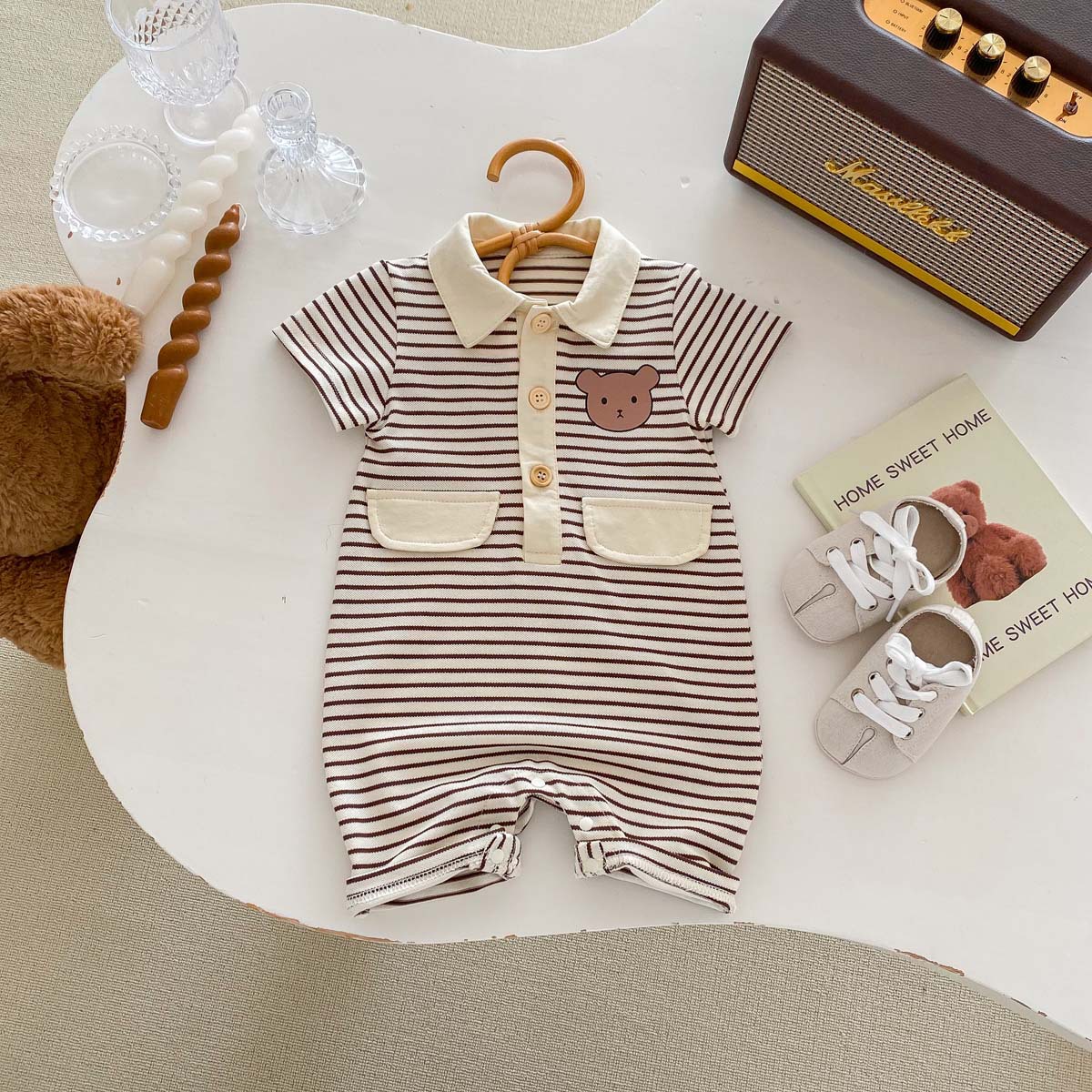 Baby Polo Neck Striped Bear Pattern Romper-kissminis