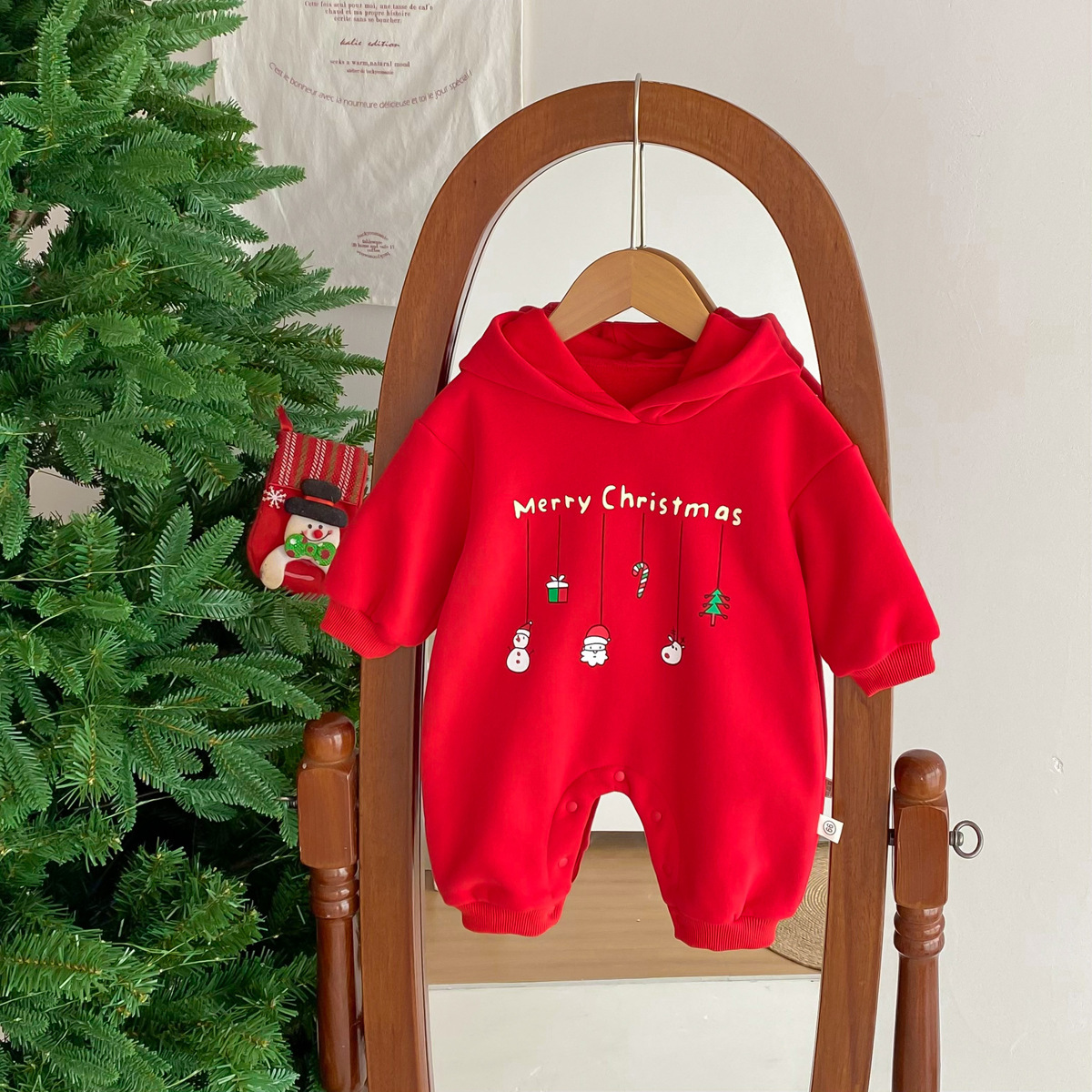 Baby Boy/Girl Christmas Cartoon Print Hooded Long Sleeve Romper-kissminis