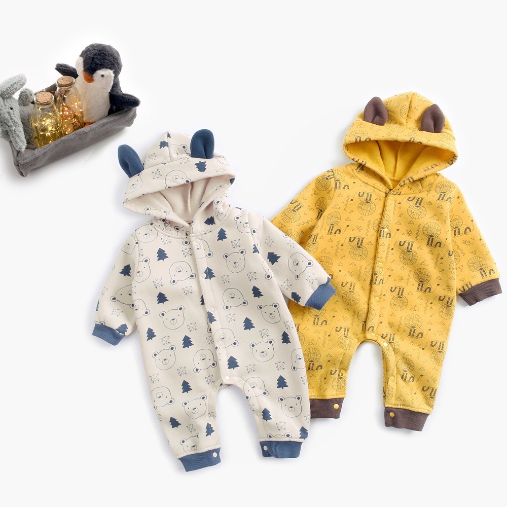 Baby Boy Allover Animal Pattern Thicken Long Sleeve Hooded Romper-kissminis