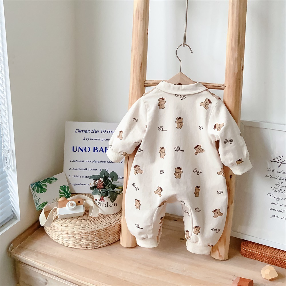 Baby Boy Mock Two-pieces Cartoon Bear Print Long Sleeve Romper-kissminis