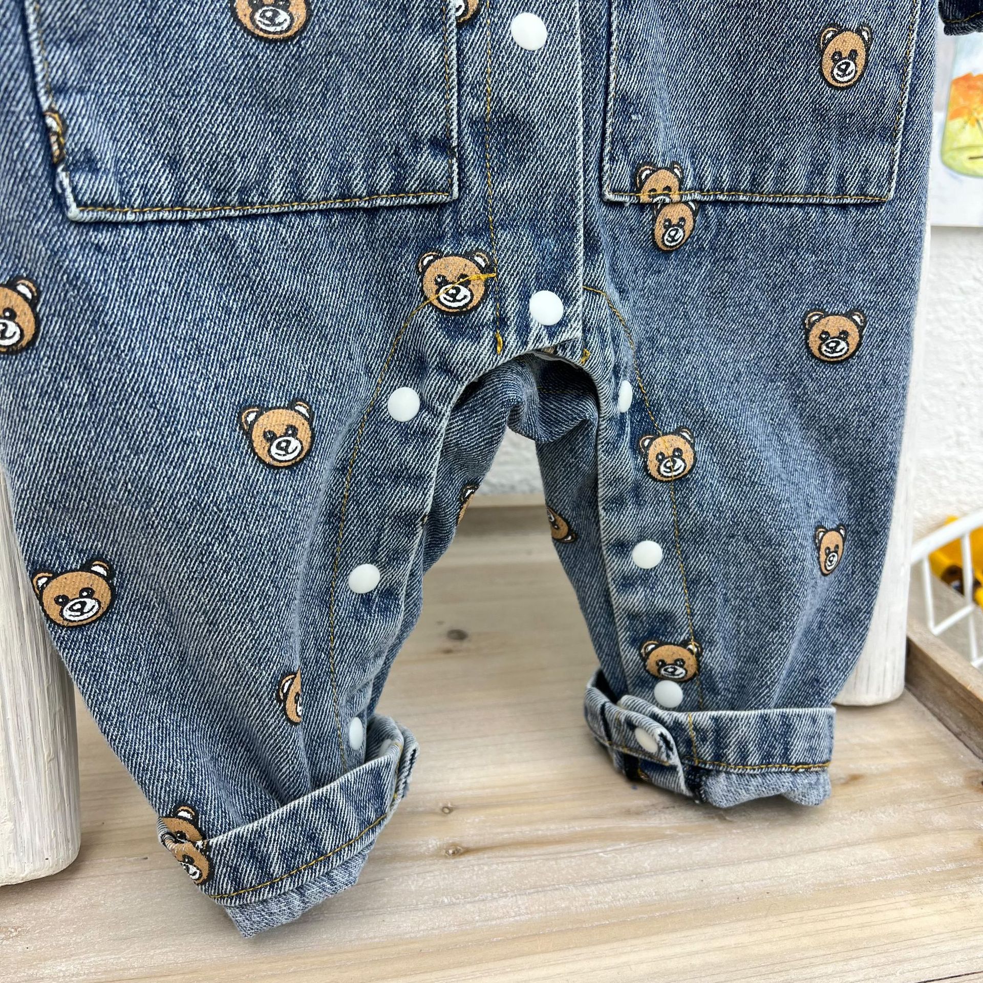 Baby Boy Allover Bear Print Polo Collar Pocket Decor Long Sleeve Botton Up Casual Denim Romper