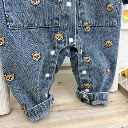 Baby Boy Allover Bear Print Polo Collar Pocket Decor Long Sleeve Botton Up Casual Denim Romper