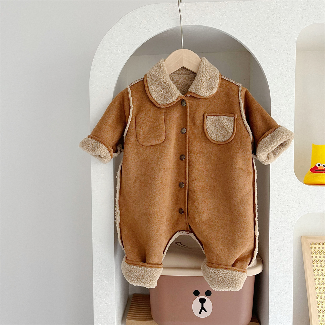 Baby Boy/Girl Winter Thicken Fluff Ins Style Solid Color Long Sleeves Romper-kissminis