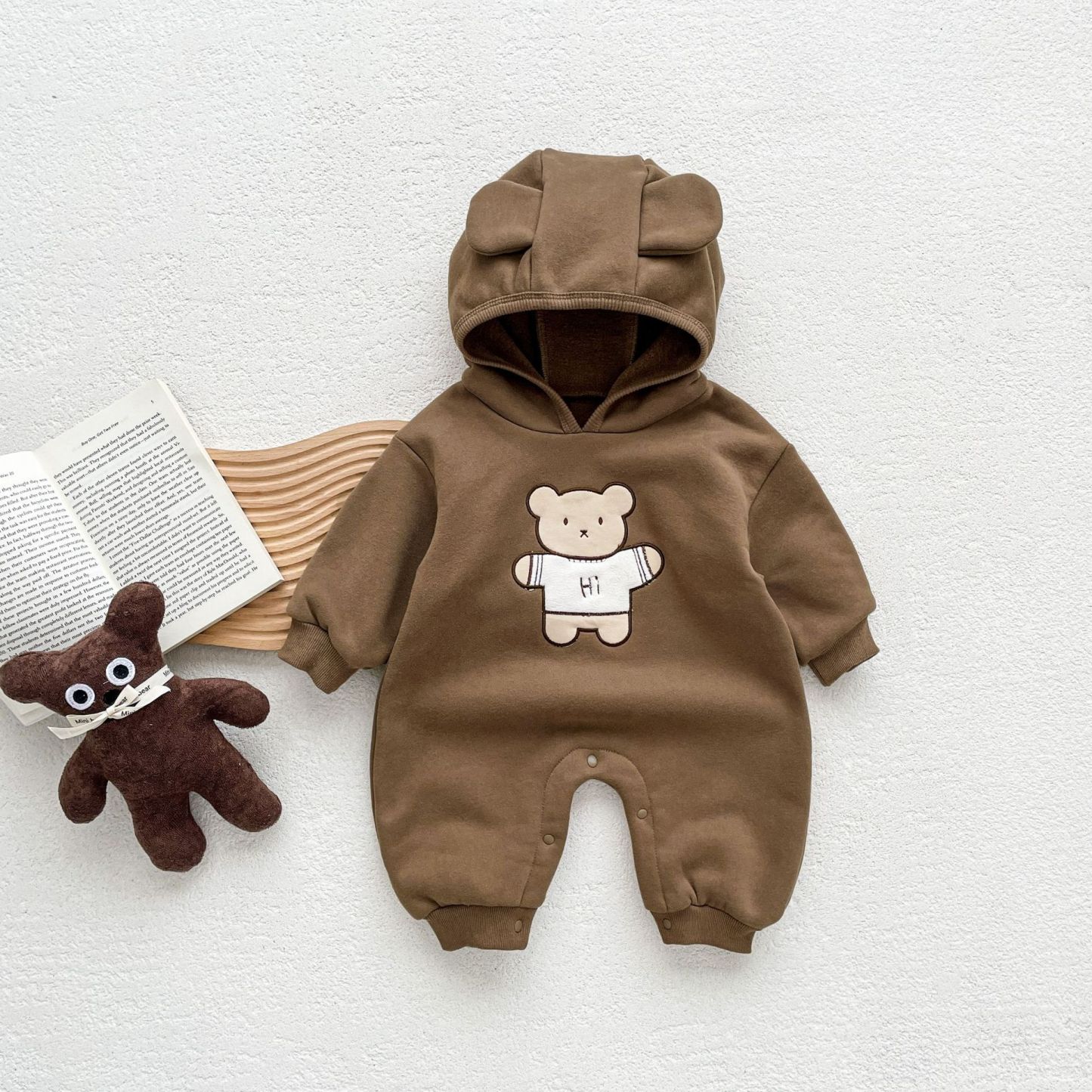 Baby Boy/Girl Cartoon Bear Graphic Thicken Hooded Long Sleeve Romper-kissminis