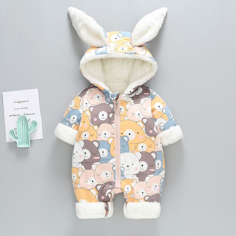 Baby Boy/Girl Winter Cartoon Allover Thicken Fuzzy Hooded Long Sleeve Romper-kissminis