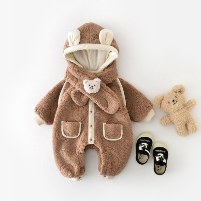 2pcs Baby Boy/Girl Winter Warm Brown Bear Fuzzy Romper with Doll Set-kissminis