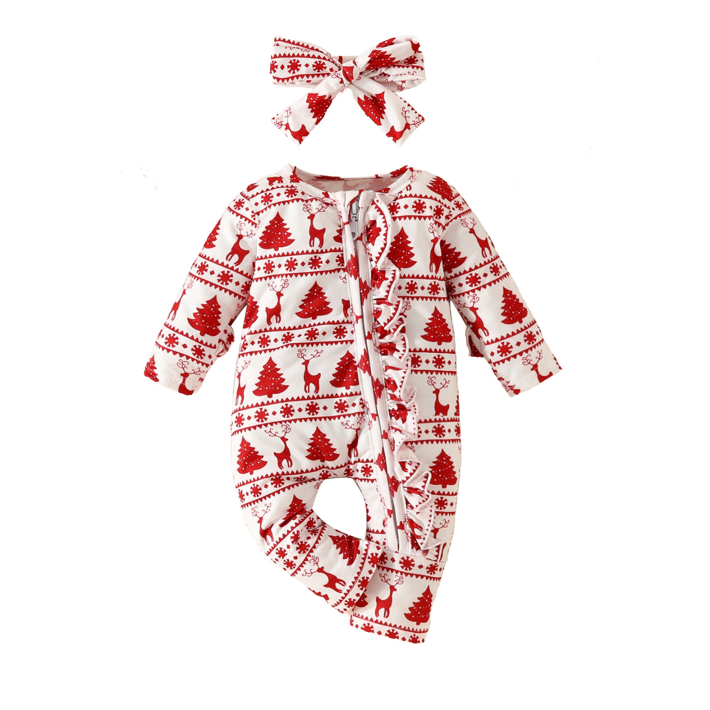 2pcs Newborn Baby Girl Christmas Deer and Pine Print Long Sleeve Romper with Hairband Set-kissminis