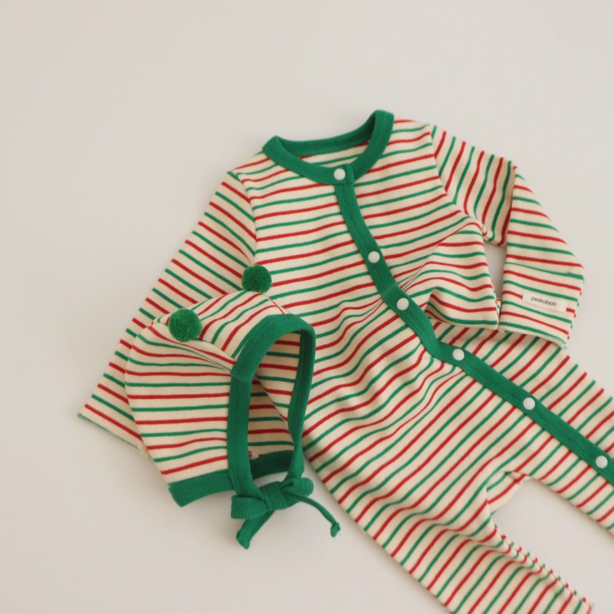 2pcs Baby Boy/Girl Christmas Stripe Long Sleeve Romper and Hat Set-kissminis