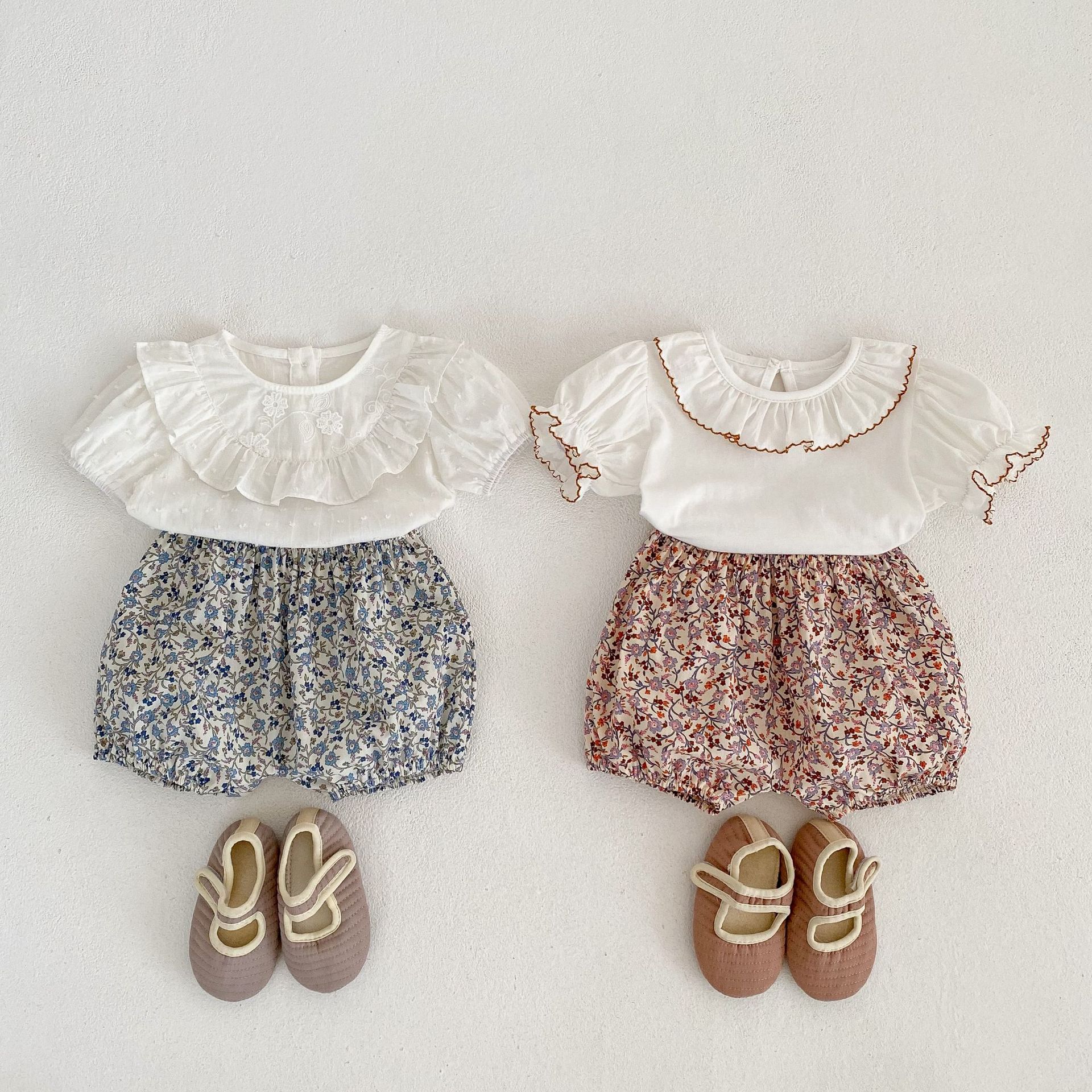 Baby Toddler Girl Solid Color Short Sleeve T-shirt/Floral Print Shorts