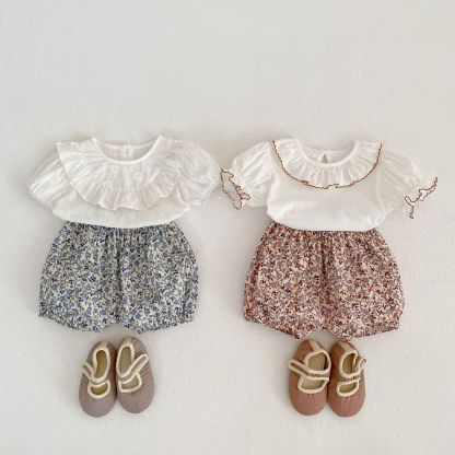 Baby Toddler Girl Solid Color Short Sleeve T-shirt/Floral Print Shorts