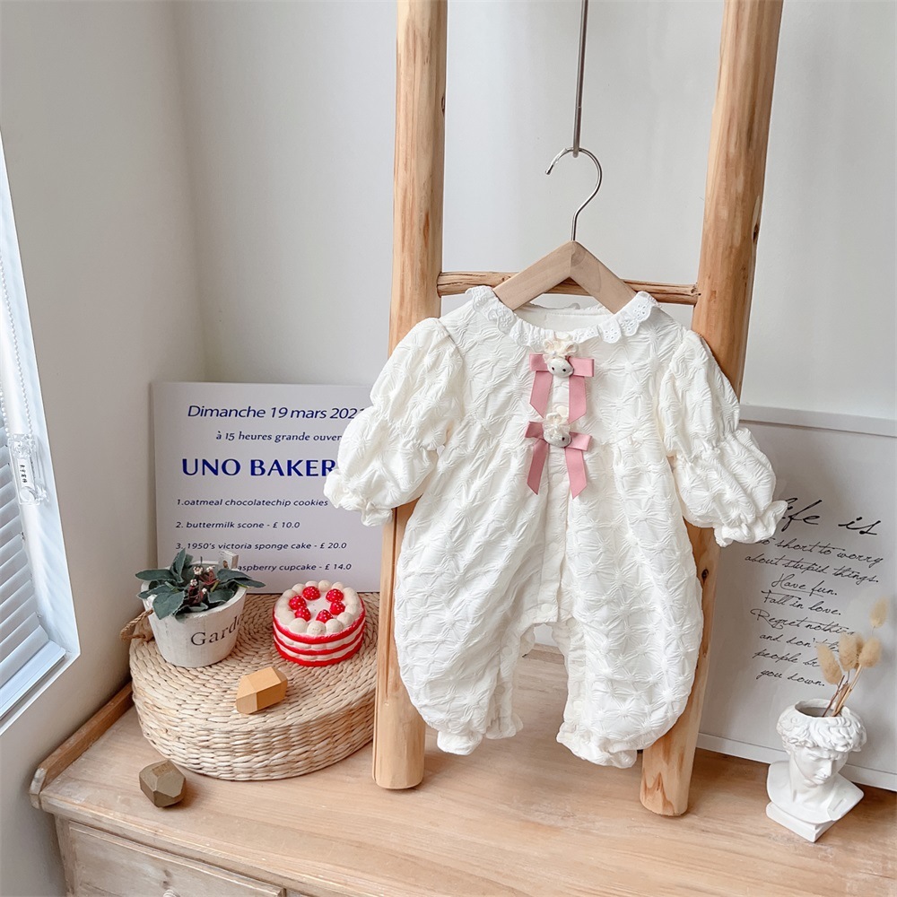Baby Girl Bowknot Design Solid Color Long Puff-sleeve Romper-kissminis