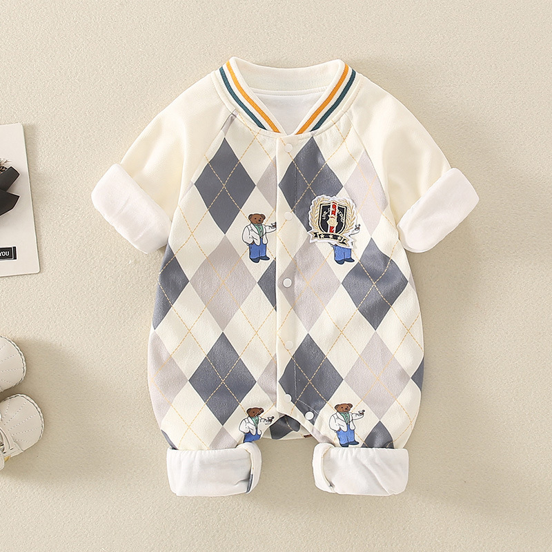 Baby Boy Bear Embroidery Rhomb Long Sleeve Romper-kissminis