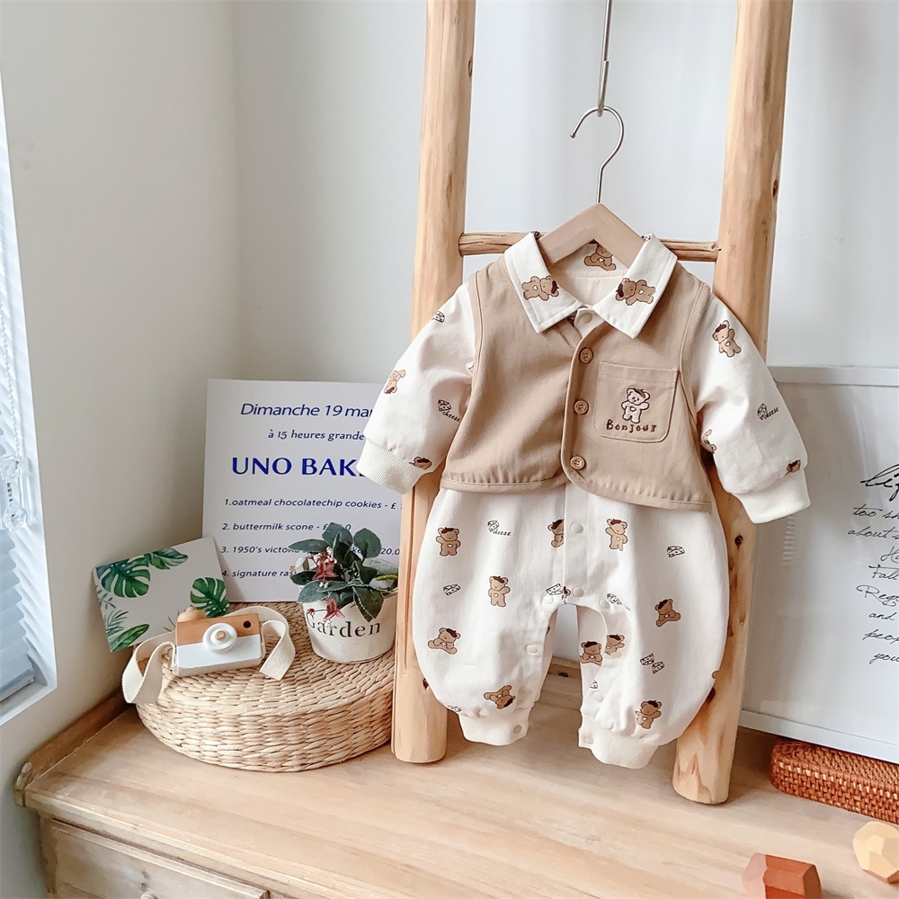 Baby Boy Mock Two-pieces Cartoon Bear Print Long Sleeve Romper-kissminis