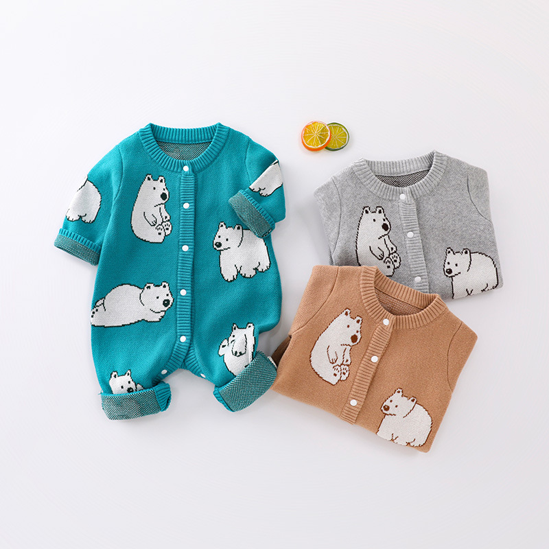 Baby Boy/Girl Allover White Bear Cute Design Long Sleeve Ropmer-kissminis
