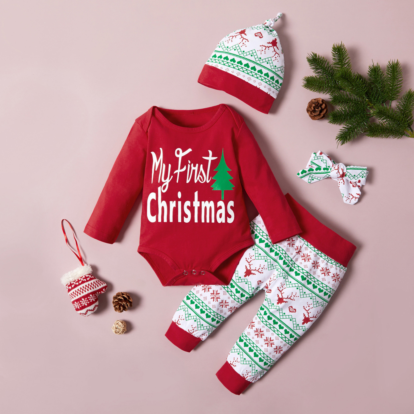 4pcs Newborn Baby Boy & Girl Christmas Letter and Cartoon Print Long Sleeve Bodysuit with Bottoms, Hat and Hairband Set-kissminis