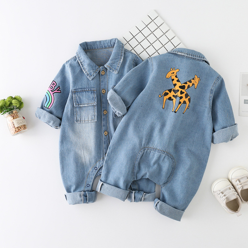 Baby Rainbow and Giraffes graphics Denim Polo Collar Romper-kissminis