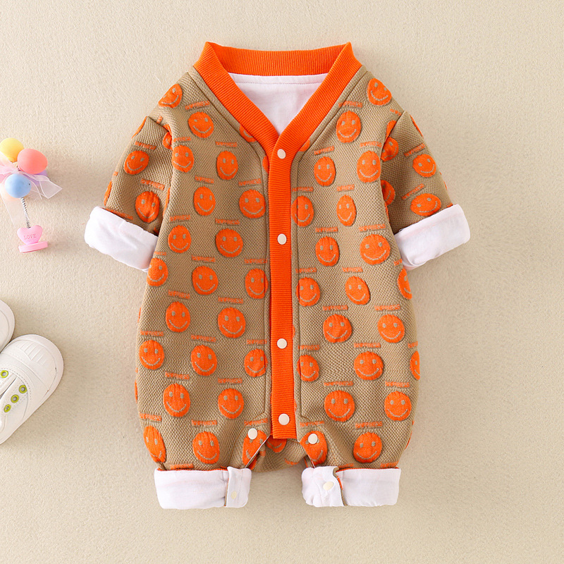 Baby Boy Allover Smiling Face Print Long Sleeve Romper-kissminis