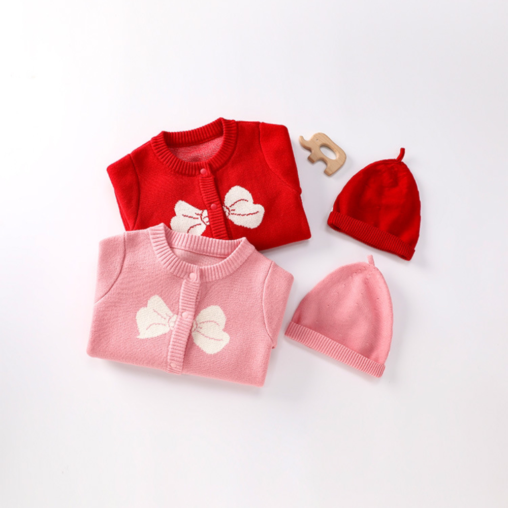 2pcs Baby Boy/Girl Bowknot Graphic Long Sleeve Knitted Romper with Hat Set-kissminis