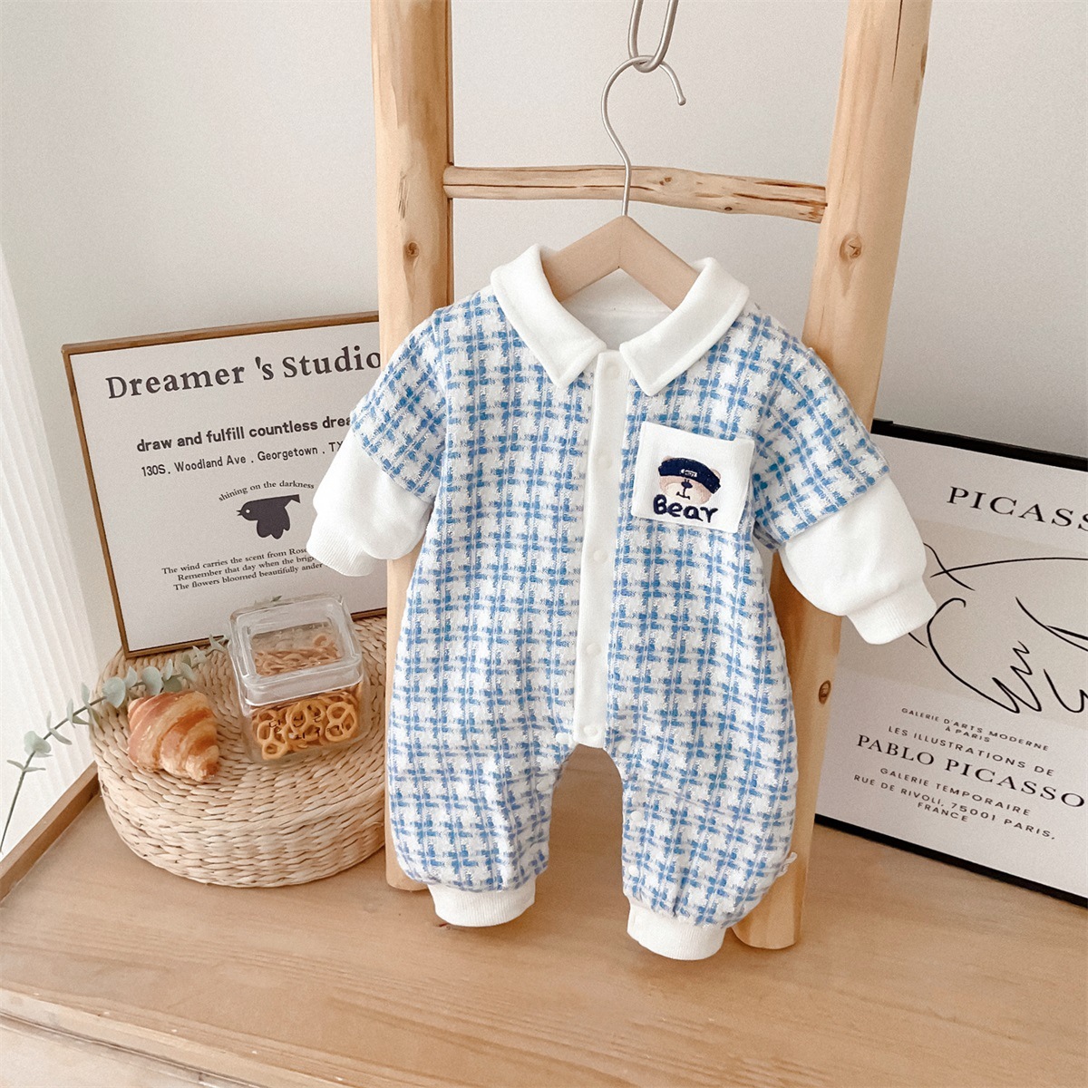 Bear Pocket Emblem Houndstooth Romper