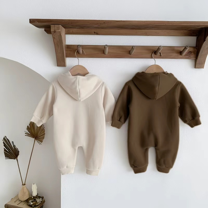 Baby Toddler Boy/Girl Bear Patch Solid Color Long Sleeve Fluff Romper