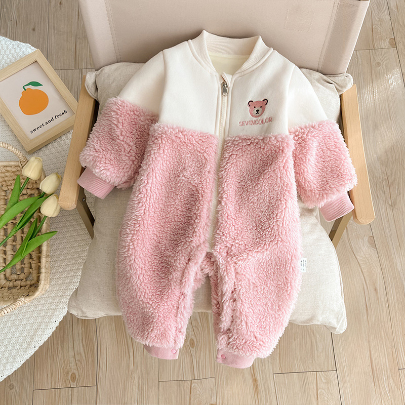 Baby Girl Cute Bear and Letter Pattern Winter Thicken Fluff Long Sleeve Romper-kissminis
