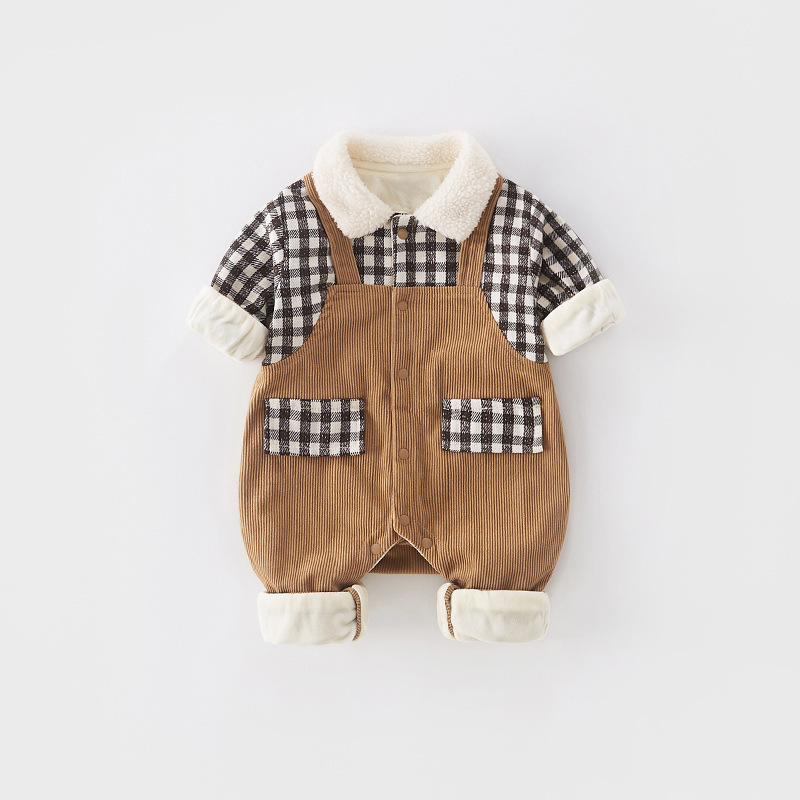 Baby Boy Winter Thicken Plaid Collar Long Sleeve Romper-kissminis