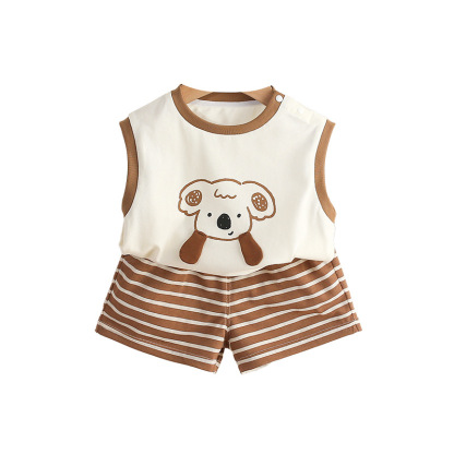 Sleeveless White Top with Koala Print and Brown Striped Shorts Set