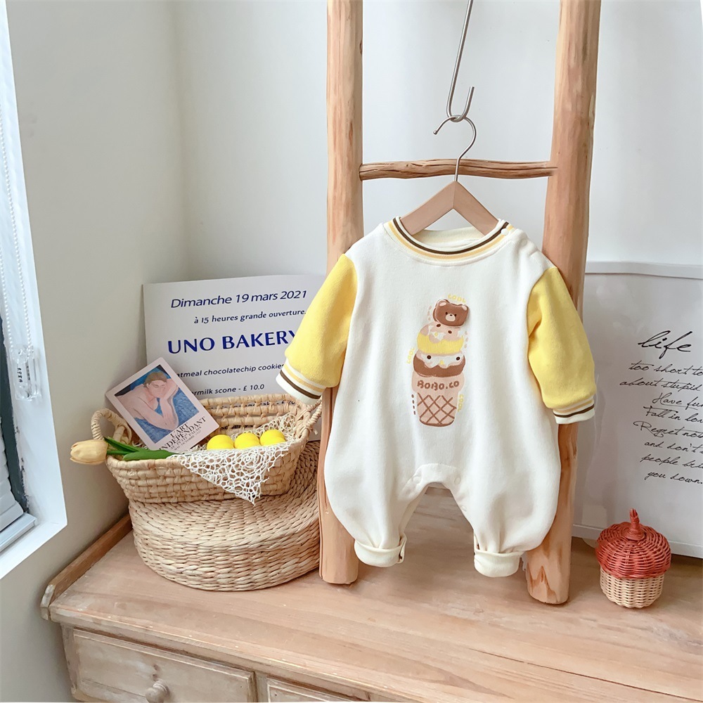 Baby Boy/Girl Bear Patch and Ice Cream Print Long Sleeve Romper-kissminis