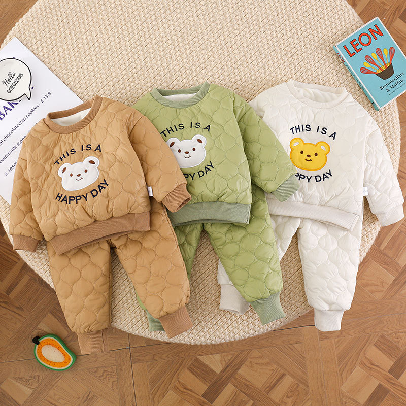 2pcs Baby Boy/Girl Solid Color Cute Bear and Letter Print Long Sleeves Sweatshirt and Pants Set-kissminis