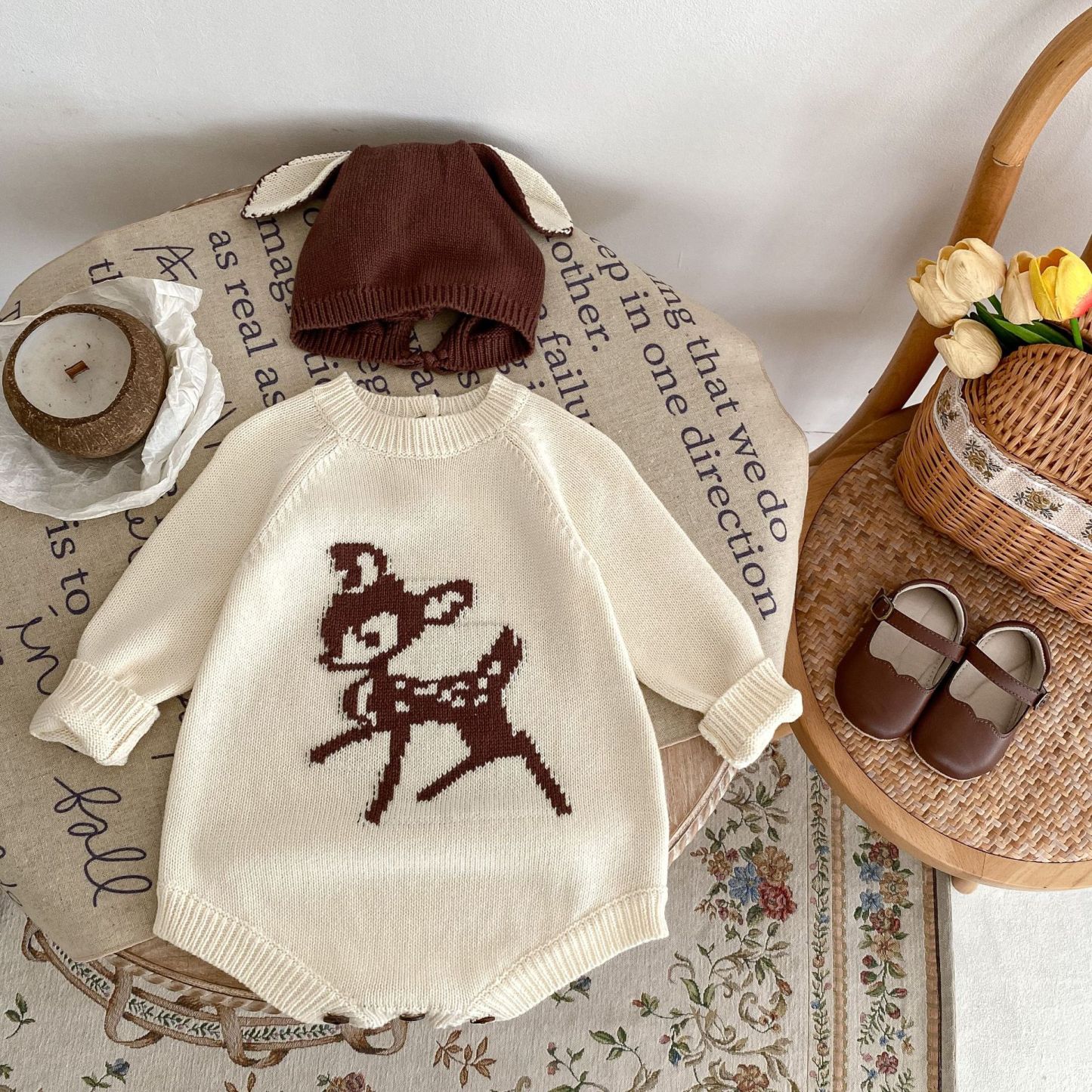 Newborn Baby Boy/Girl Cute Deer Pattern Long Sleeve Bodysuit and Hat-kissminis