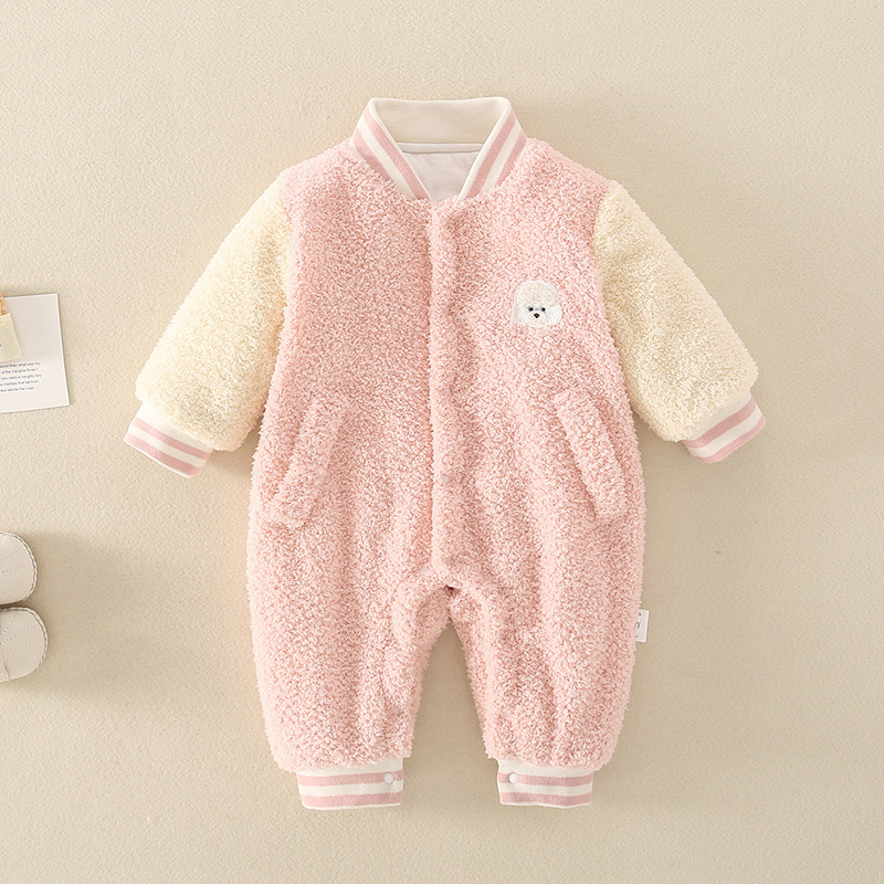Baby Boy/Girl Winter Cute Dog Embroidery Solid Color Fluff Long Sleeve Romper-kissminis