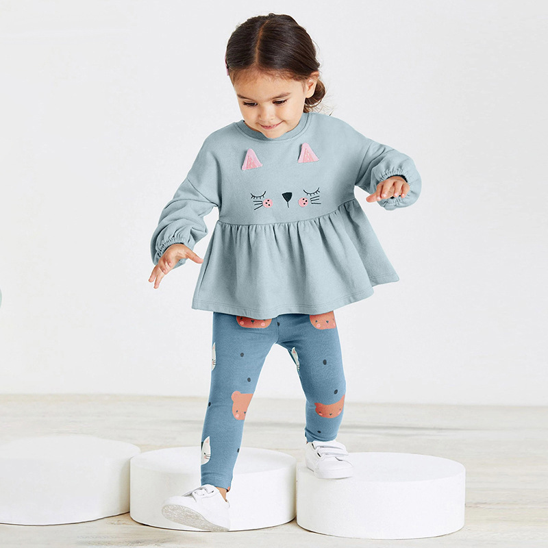Baby Girl Cartoon Cat Print Long Sleeve Sweatshirt with Pants-kissminis
