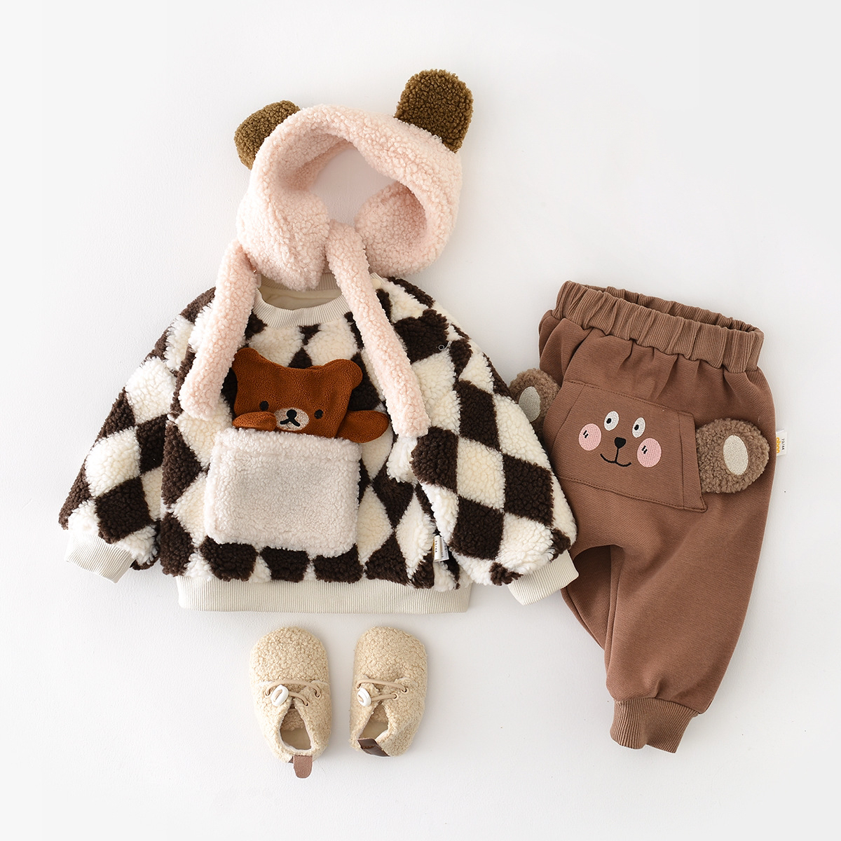 Winter Baby Boy/Girl Cartoon Bear Plaid Fluff Long Sleeve Sweatshirt-kissminis