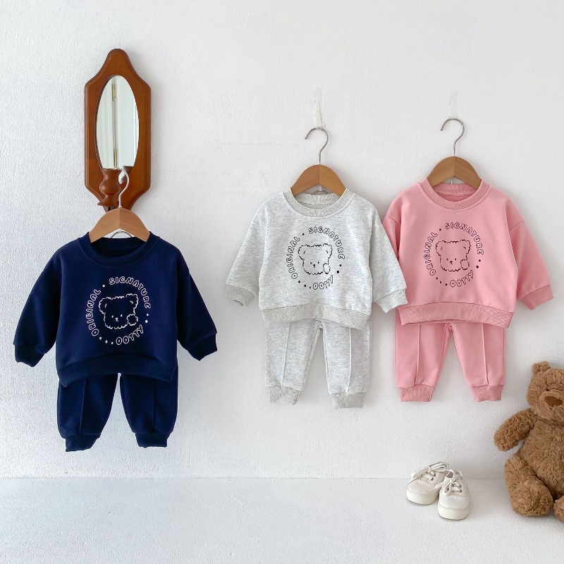 2pcs Baby Crew Neck Bear Letter Print Sweatshirt with Pants Set-kissminis