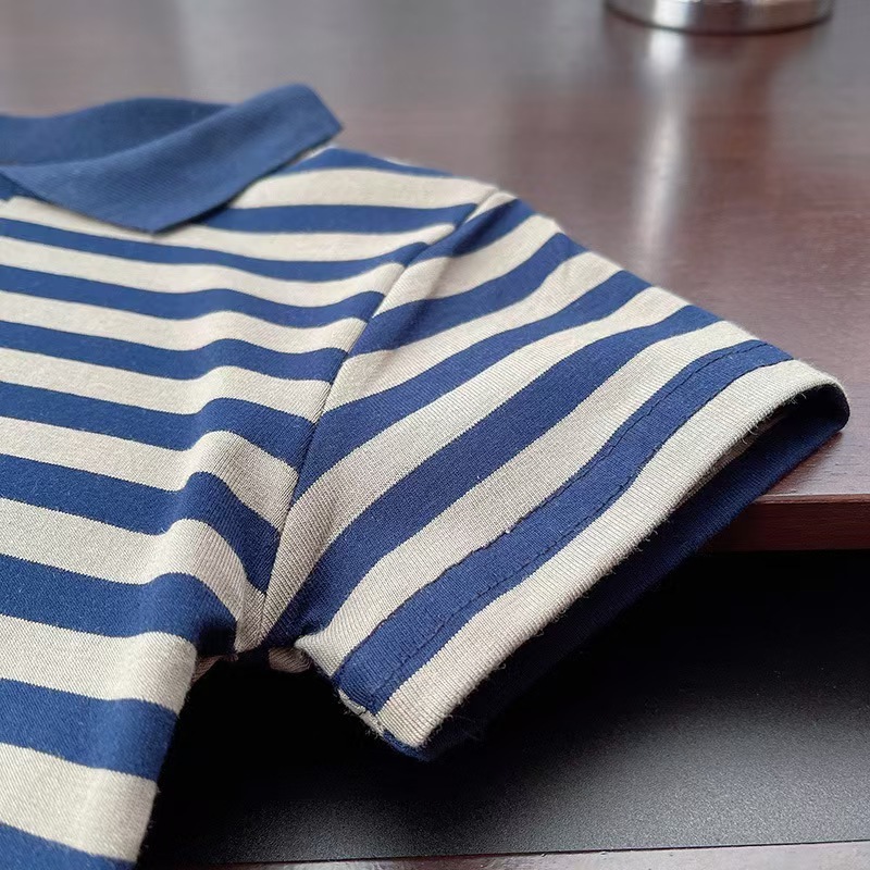 Navy and Beige Striped Polo Short Sleeve Shirt and Brown Shorts Set