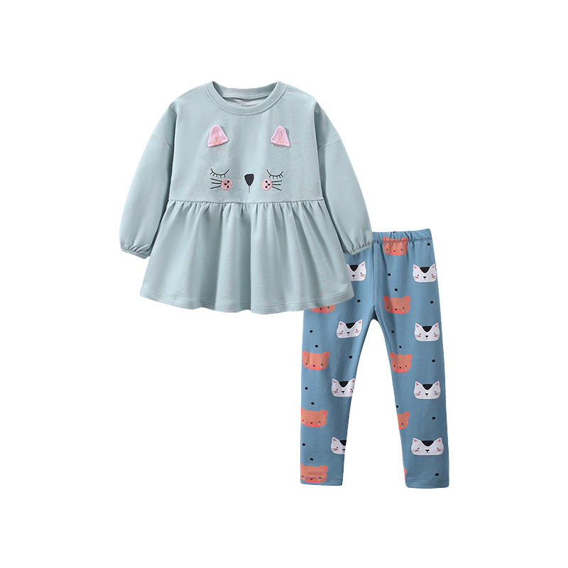 Baby Girl Cartoon Cat Print Long Sleeve Sweatshirt with Pants-kissminis