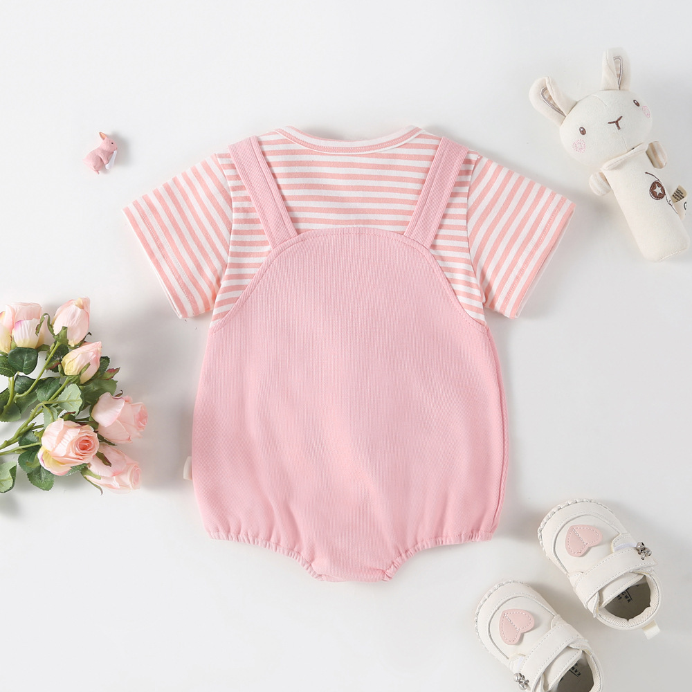 Baby Girl Mock Two Pices Rabbit Pattern Short Sleeve Romper-kissminis