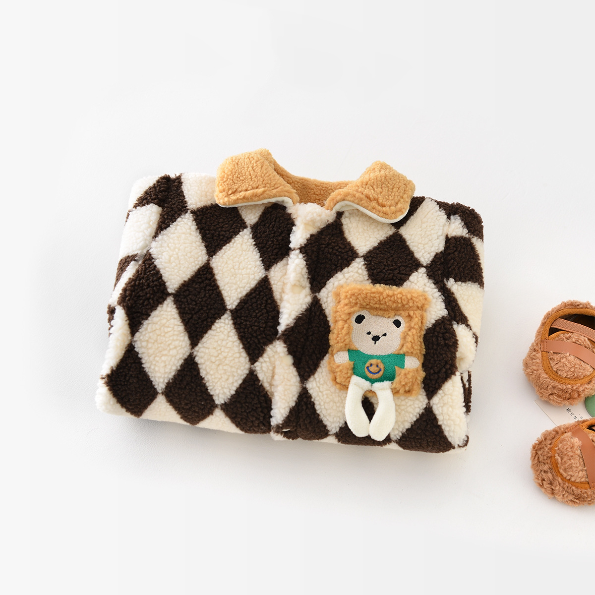 Winter Baby Boy Bear Plaid Graphic Fluff Long Sleeve Romper-kissminis
