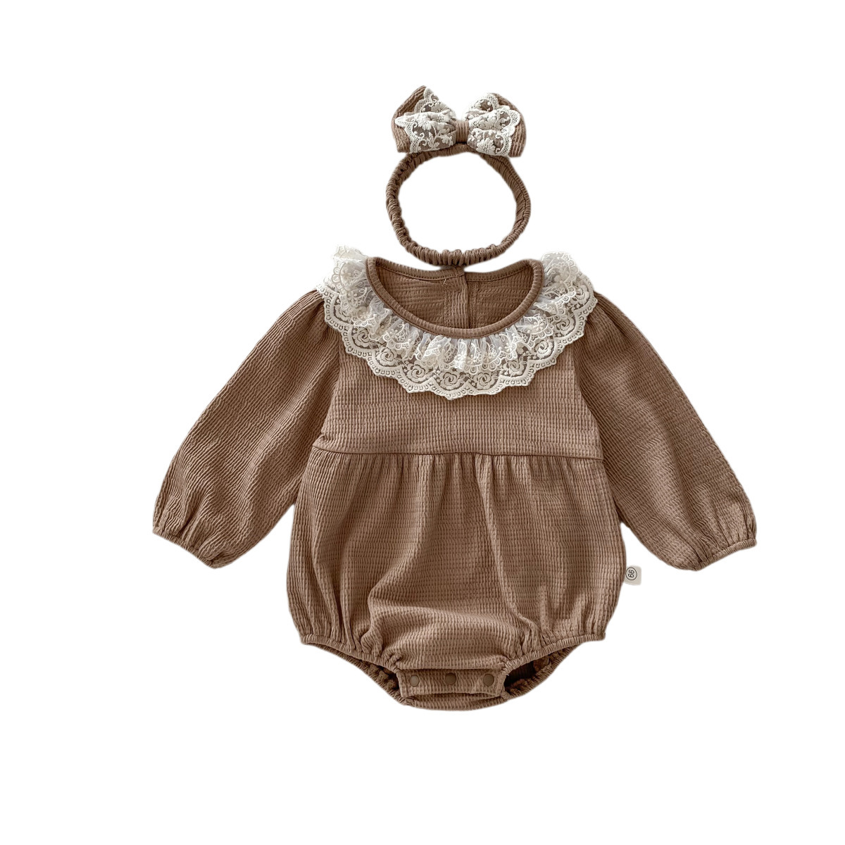Baby Girl Waffle Lace Solid Color Long Sleeve Bodysuit-kissminis