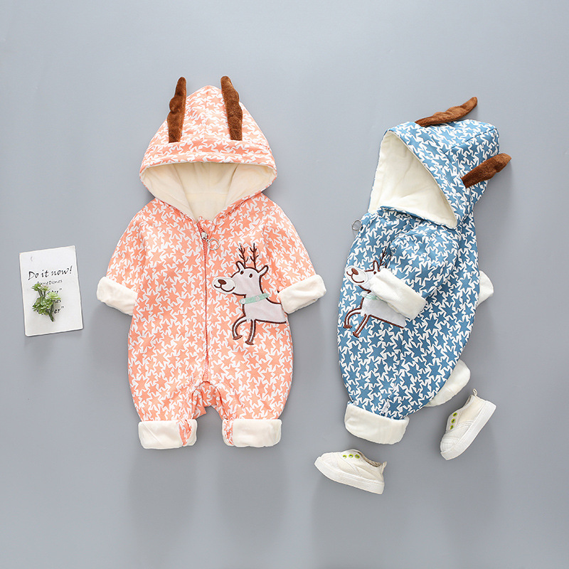 Baby Boy/Girl Allover Star and Elk Pattern Cotton Hooded Romper-kissminis