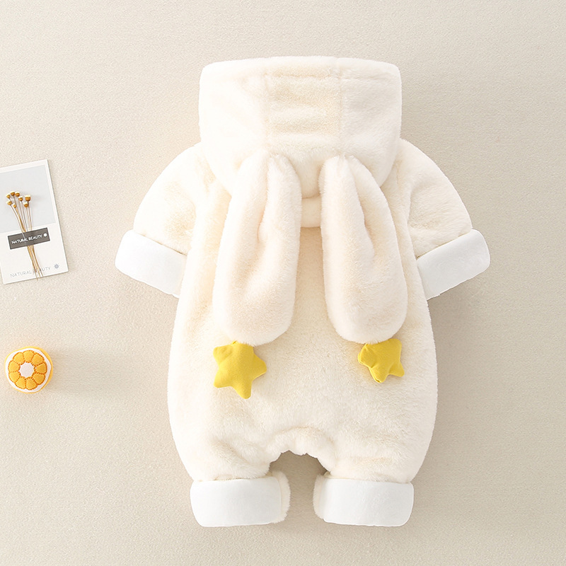 Baby Toddler Girl Winter Rainbow Pattern and Rabbit Ears Design Fluff Long Sleeve Hooded Romper-kissminis