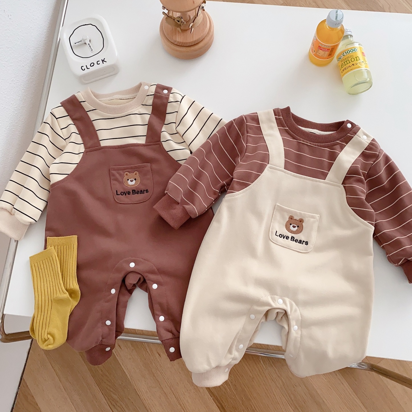 Baby Boy/Girl Cute Bear Pocket Design Fake Two Pieces Striped Long Sleeve Romper-kissminis