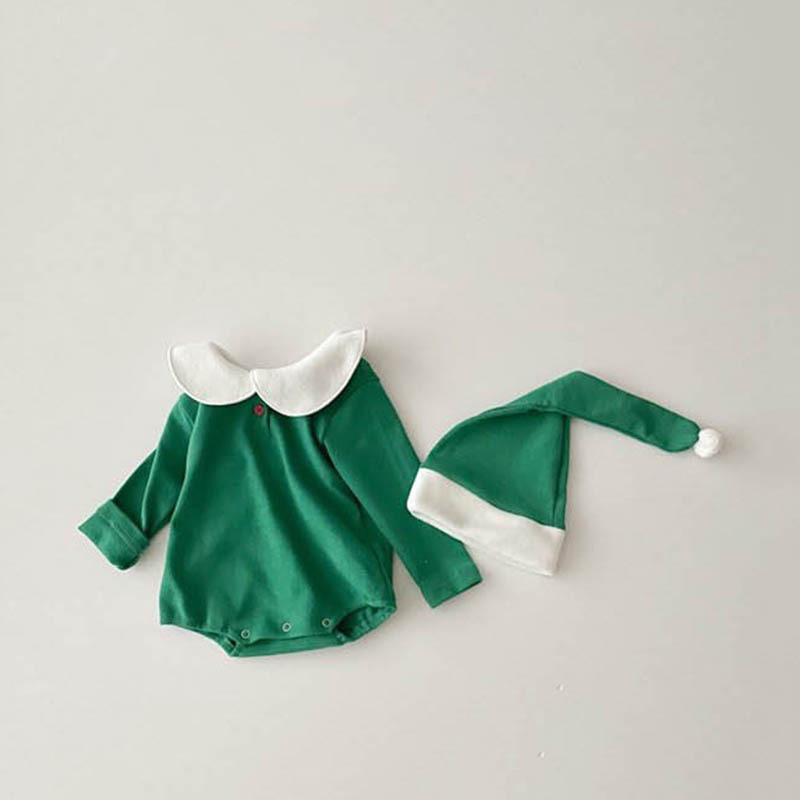 2pcs Baby Boy/Girl Christmas Style Solid Color Long Sleeve Bodysuit with Hat Set-kissminis