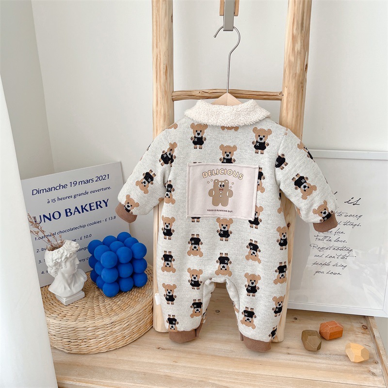Baby Boy/Girl Winter Polo Collar Allover Bear Print Long Sleeve Fluff Romper-kissminis