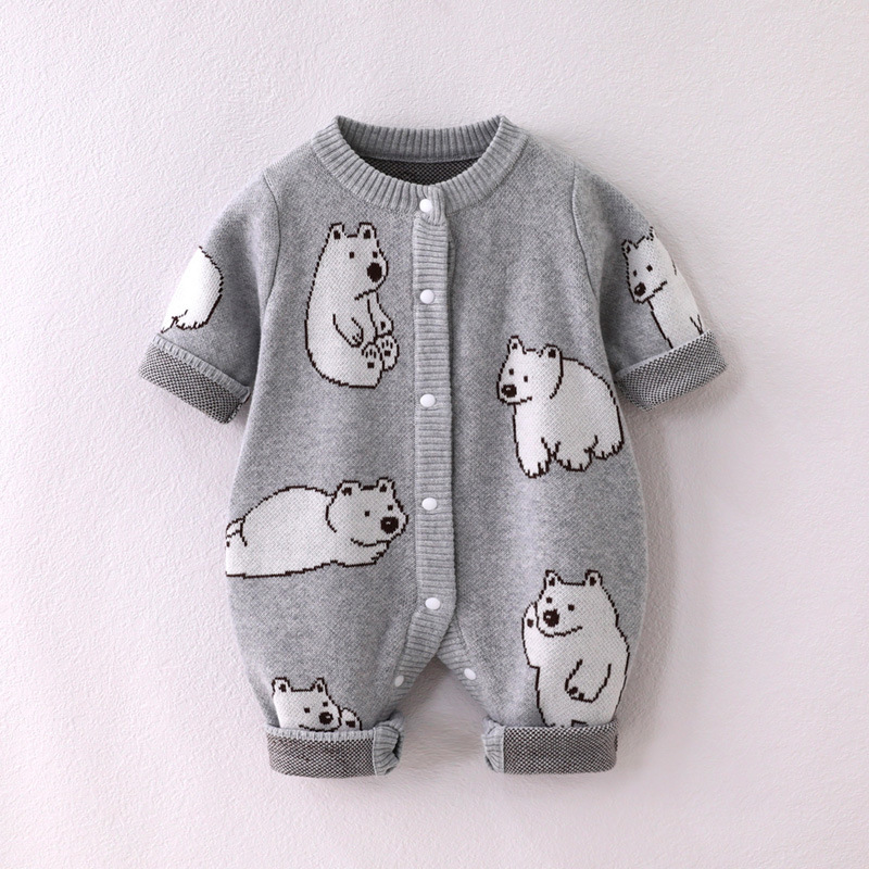 Baby Boy/Girl Allover White Bear Cute Design Long Sleeve Ropmer-kissminis