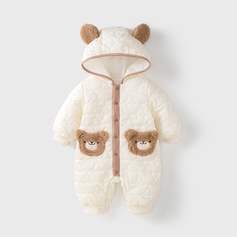 Newborn Baby Boy/Girl Cute Bear Print and Bear Ear Design Fluff Hooded Long Sleeve Romper-kissminis