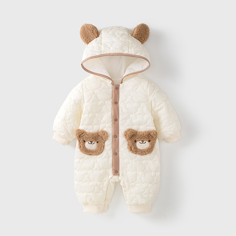 Newborn Baby Boy/Girl Cute Bear Print and Bear Ear Design Fluff Hooded Long Sleeve Romper-kissminis