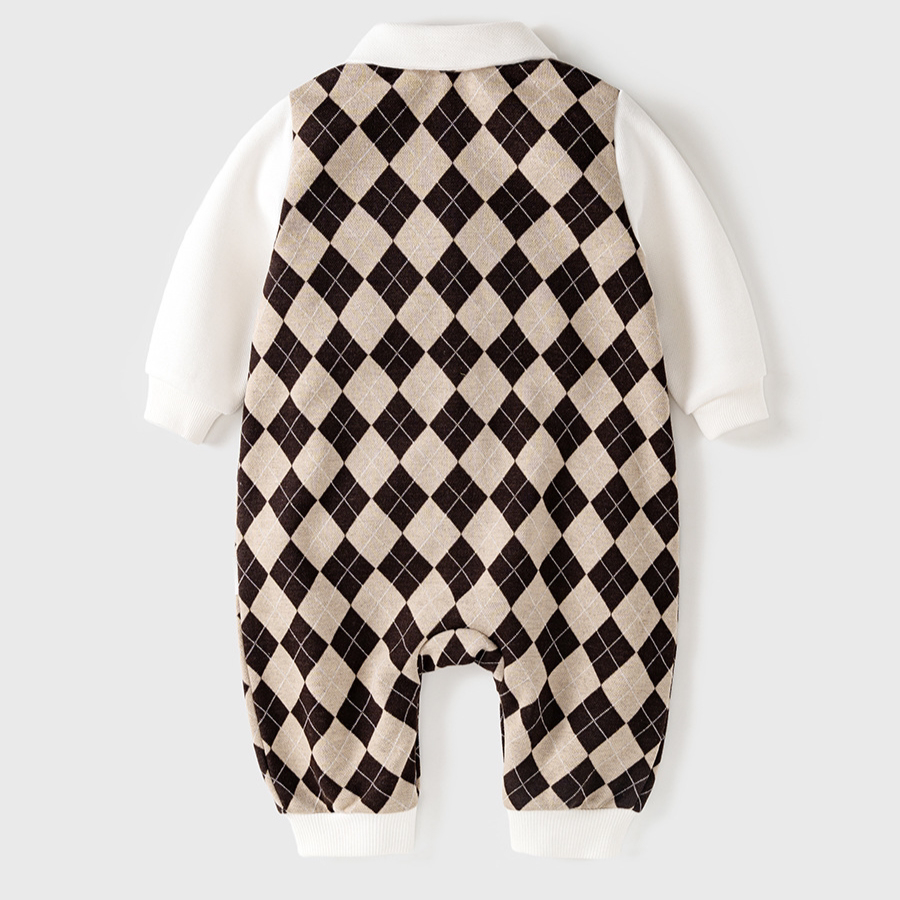 Baby Boy Removable Tie Bear Plaid Long Sleeve Romper-kissminis